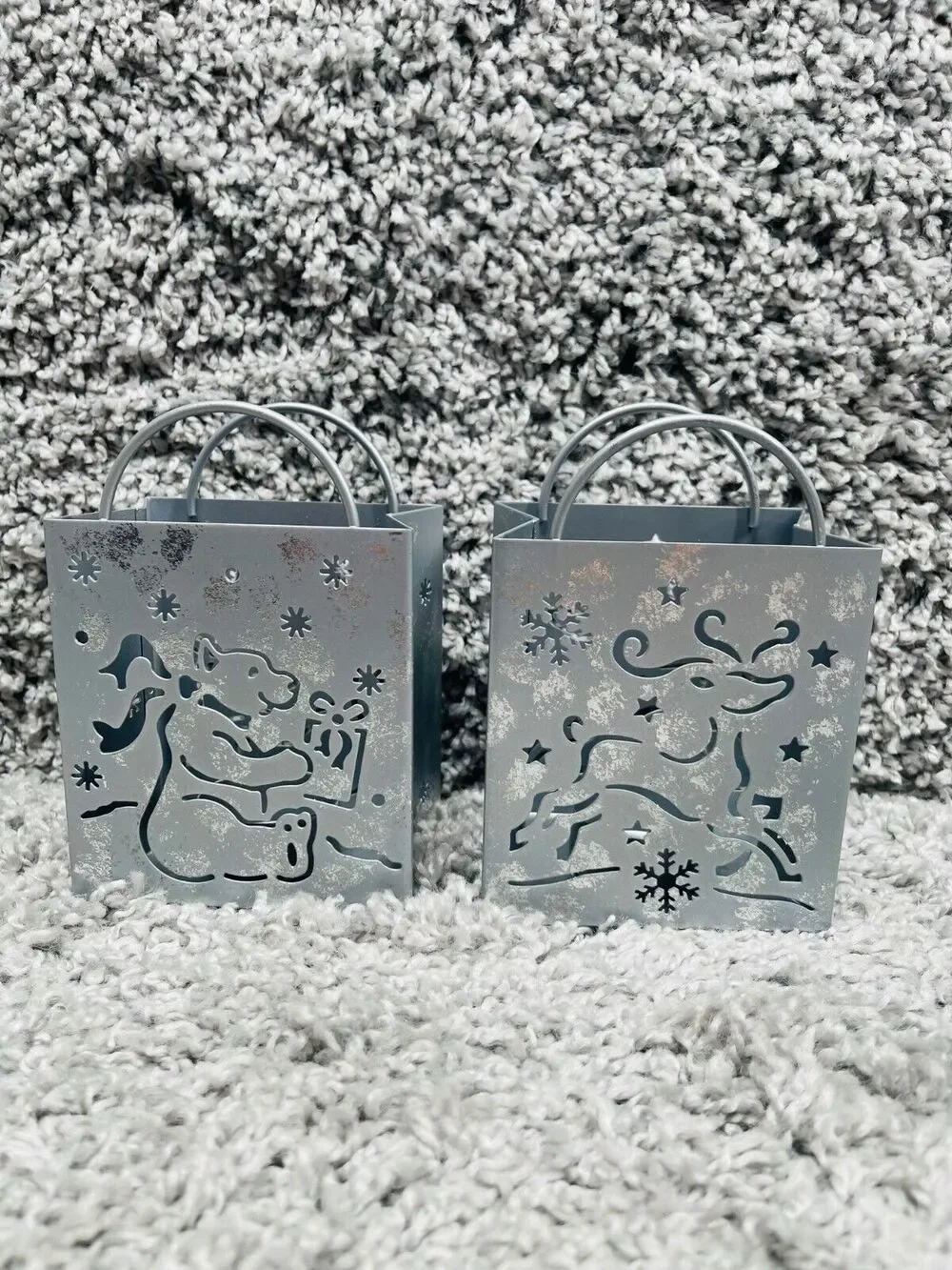 Lot of 2 Gray Metal Tealight Candle Holder Gift Bag Holiday Bear Reindeer Design